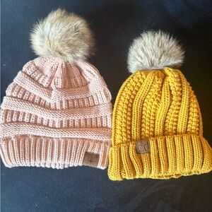 Cozy Knit Pom-Pom Beanie Set - Pink and Yellow